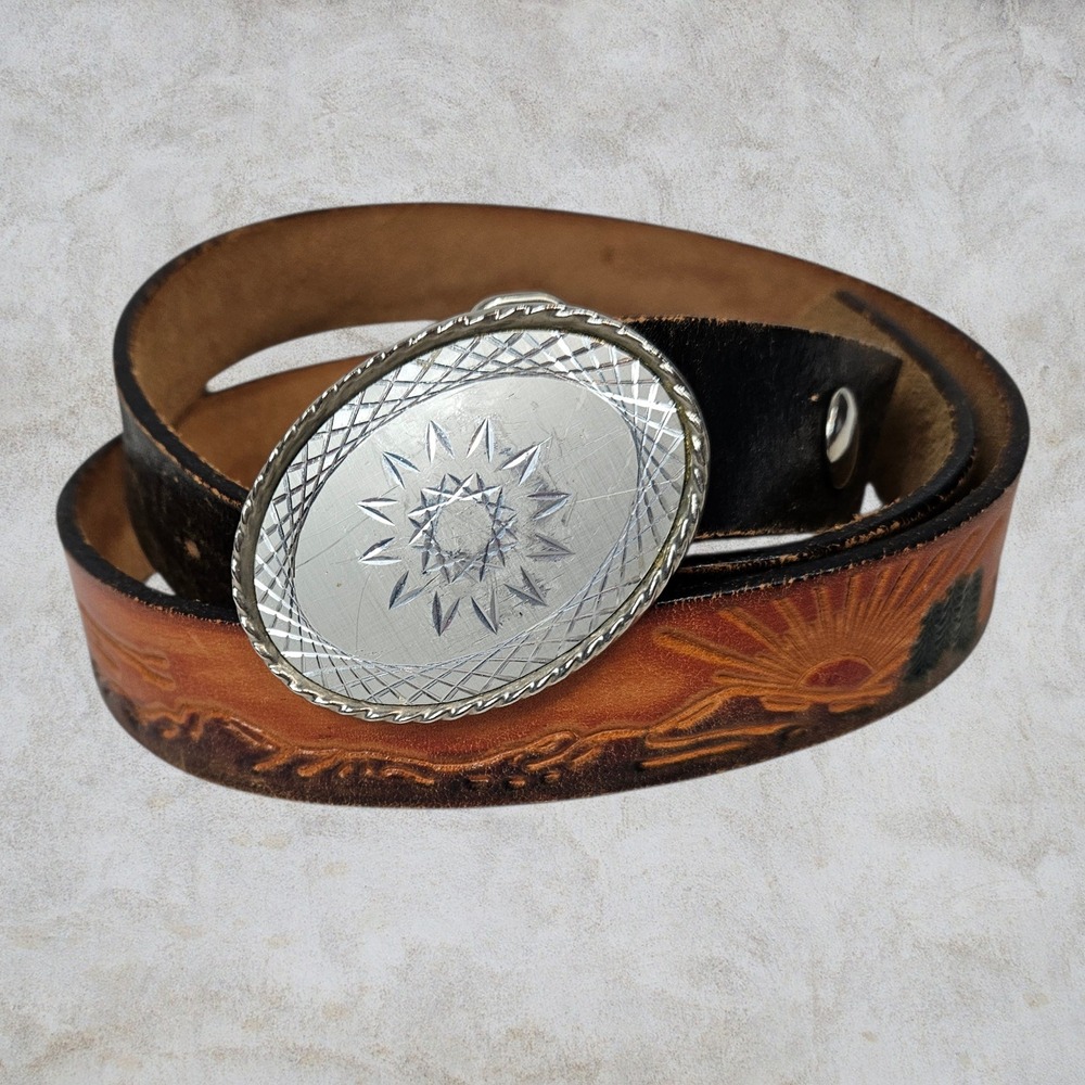 Vintage Western Tooled Leather Belt Sunburst Landscape Silver Tone Buckle USA